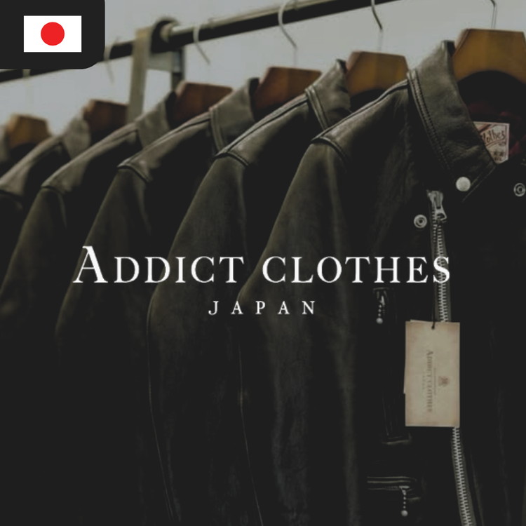 Black leather jackets displayed on hangers with the text "Addict Clothes Japan" prominently featured.