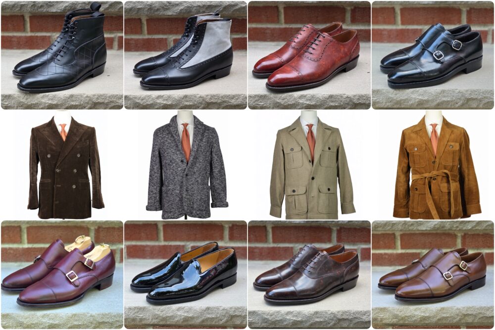 A collage featuring various men's footwear and outerwear, including black and brown boots, dress shoes, and stylish coats.