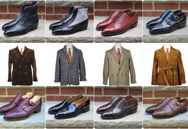 A collage featuring various men's footwear and outerwear, including black and brown boots, dress shoes, and stylish coats.