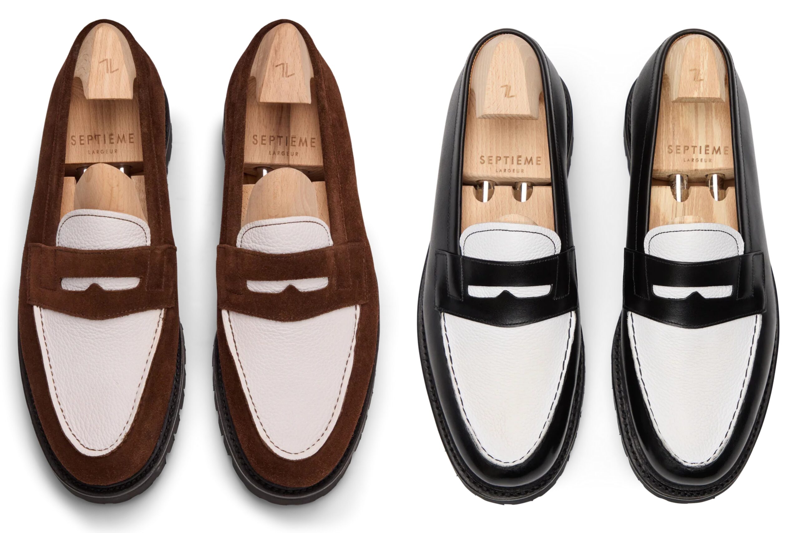 Two pairs of loafers are displayed: one brown suede with white leather accents and one black leather with white leather accents, featured in the Septieme Largeur Summer Sale 2026.