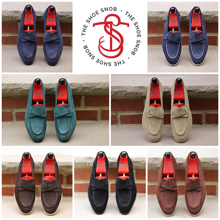 A variety of loafers in different colors, including navy, teal, beige, brown, and black, displayed with "The Shoe Snob" branding.