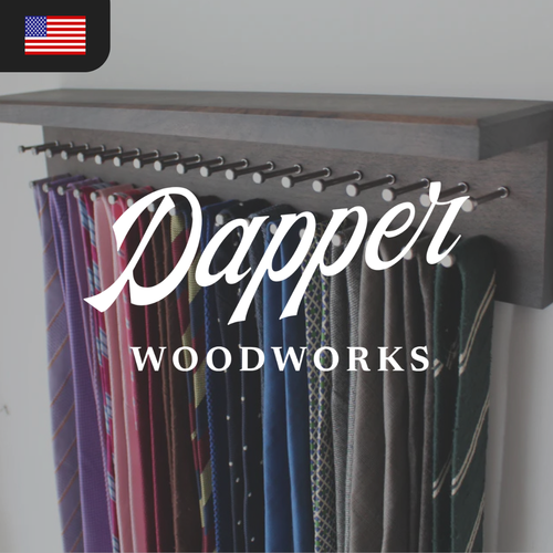 A wooden tie rack displaying various ties in colors like red, blue, and green, with the text "Dapper Woodworks" prominently featured.