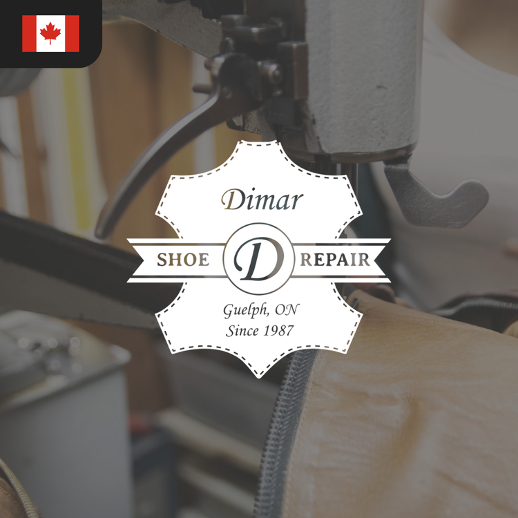 Logo of Dimar Shoe Repair featuring text in a decorative badge style, with "Guelph, ON" and "Since 1987" below.