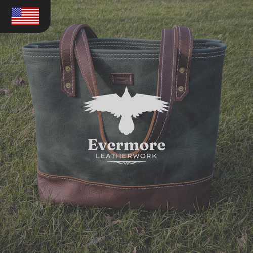 A green leather tote bag with brown accents and handles, featuring the Evermore Leatherwork logo.