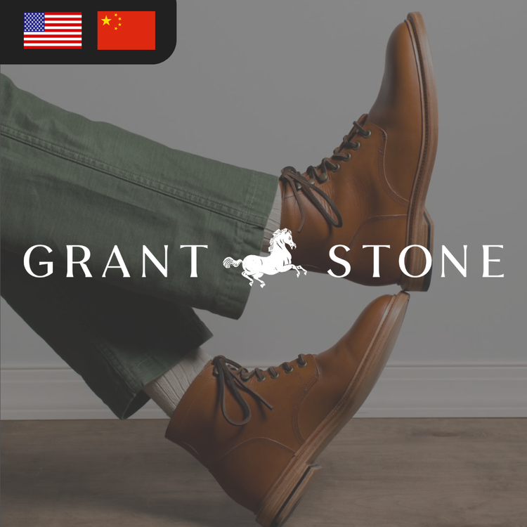 A pair of brown leather boots with laces is worn with green pants.