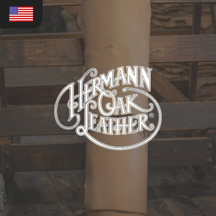 A roll of light tan leather with the text "Hermann Oak Leather" prominently displayed.