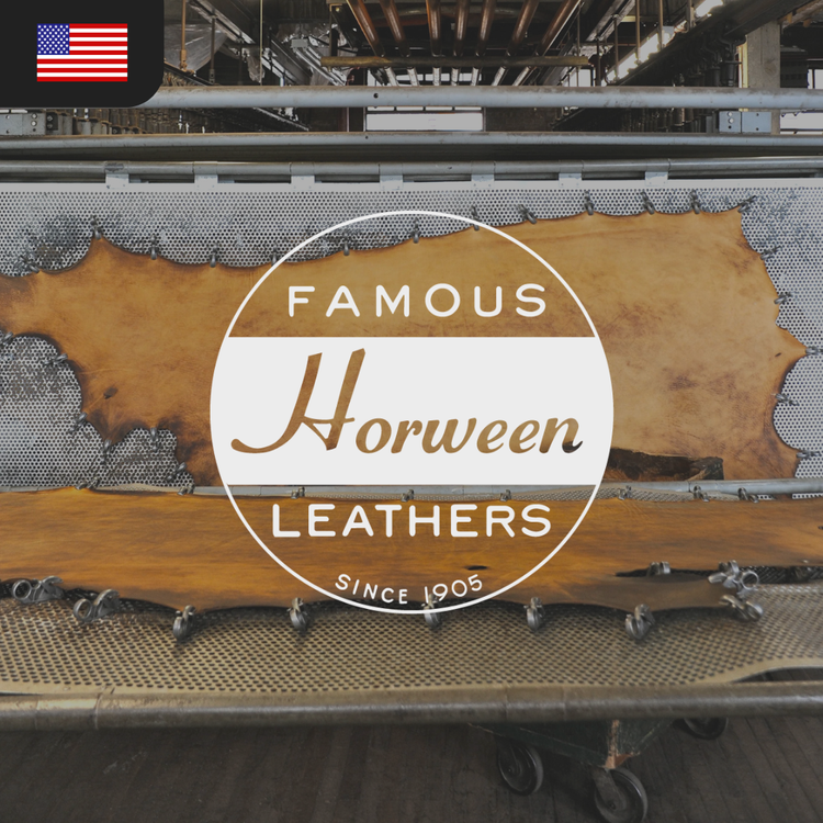A large piece of tan leather with the text "Famous Horween Leathers since 1905" overlaying it.
