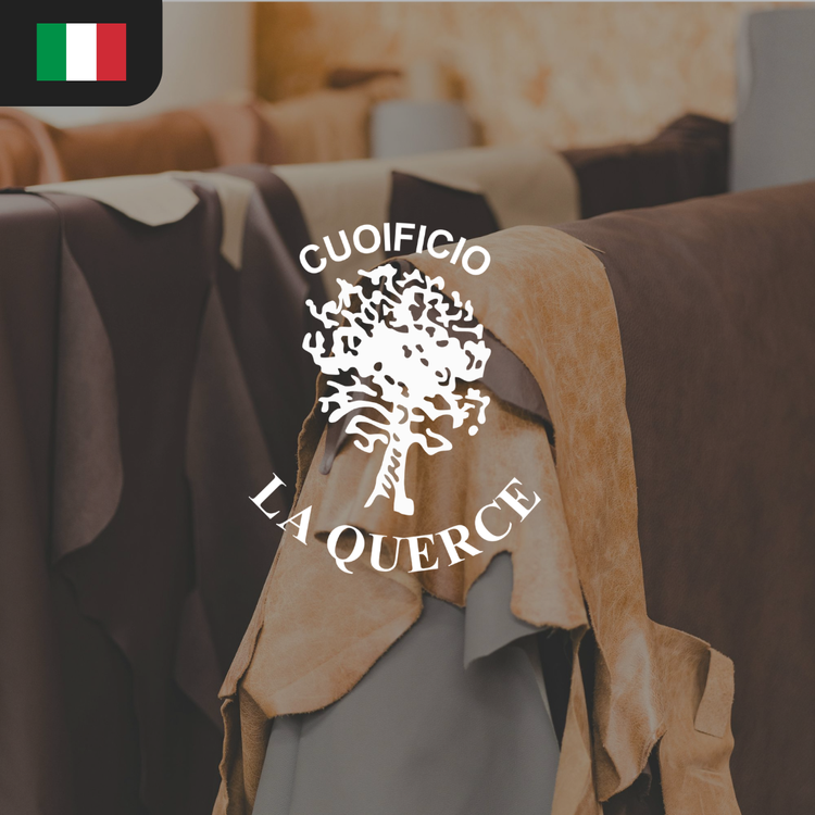 A close-up of various leather hides in shades of brown and gray, featuring the logo of "Cuoificio La Querce."