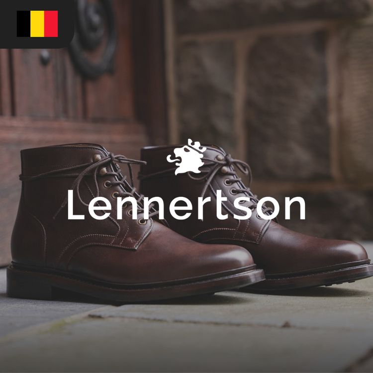 A pair of brown leather boots with laces, labeled "Lennertson."