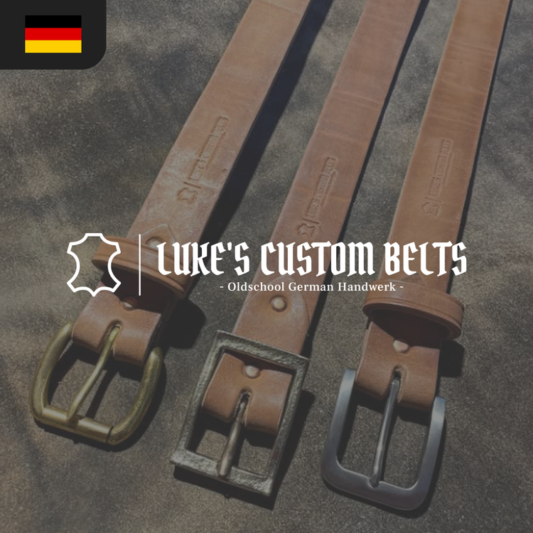 Three leather belts in varying shades of brown, featuring different metal buckles, labeled "Luke's Custom Belts."