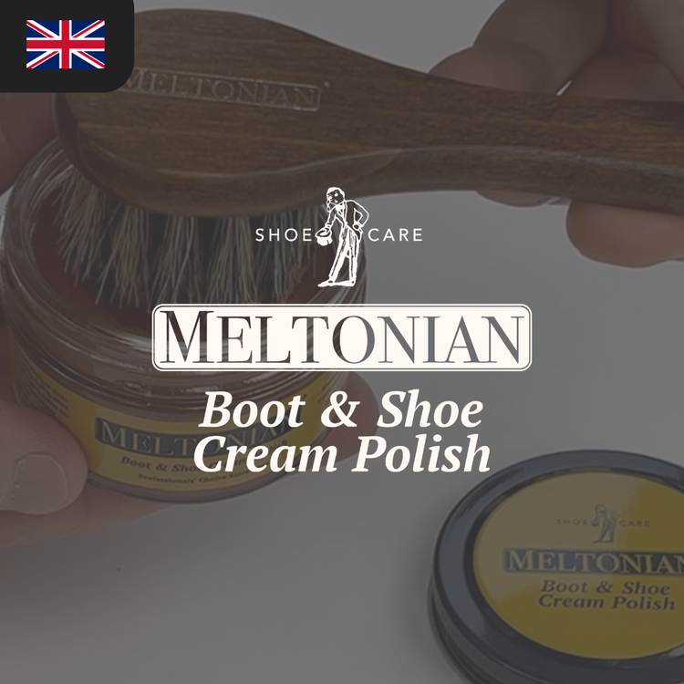 A hand holds a wooden brush above a jar of Meltonian Boot & Shoe Cream Polish.