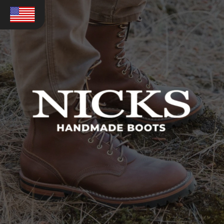 A close-up of brown leather boots with laces, labeled "Nicks Handmade Boots."
