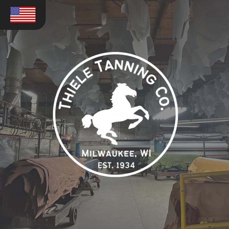 Logo of Thiele Tanning Co. featuring a white horse, with leather hides in brown, green, and beige colors in the background.