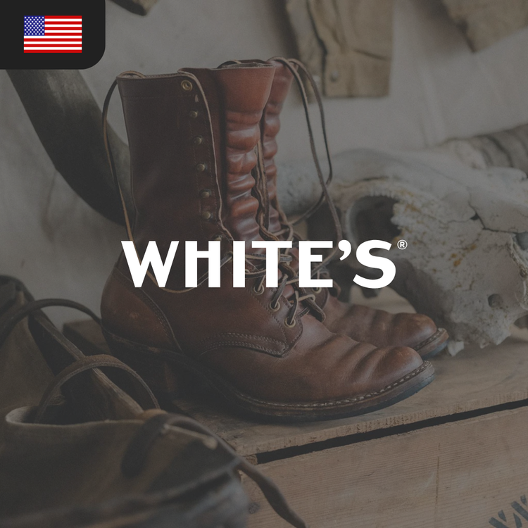 Brown leather boots with laces, featuring the brand name "WHITE'S" prominently displayed.