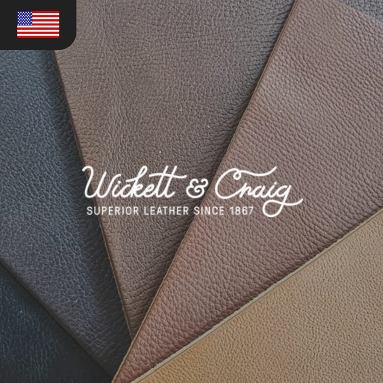 Three pieces of textured leather in black, brown, and tan with the "Wickett & Craig" logo.