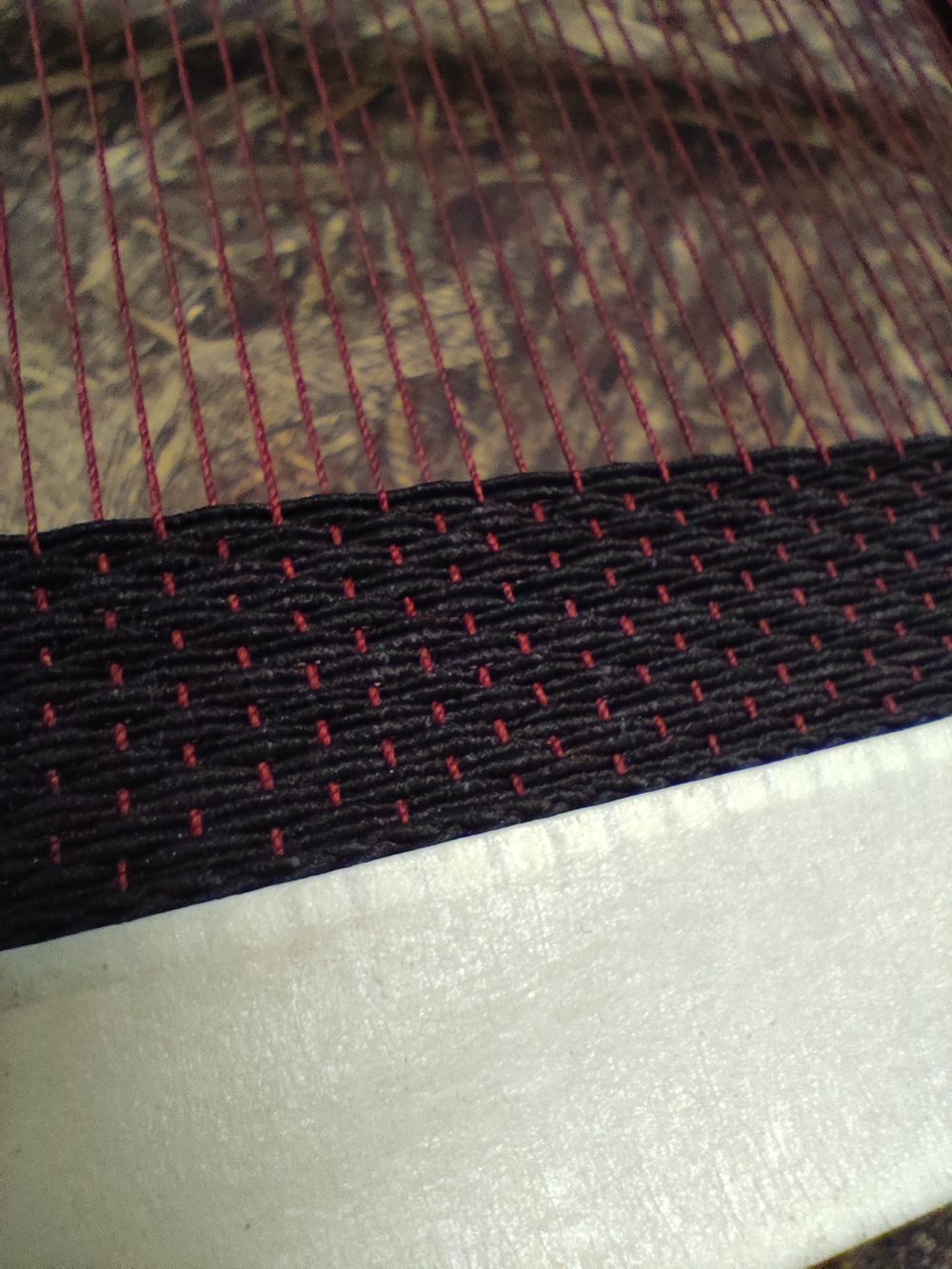 Close-up of black shoelace with red stitching, highlighting the texture and detail.