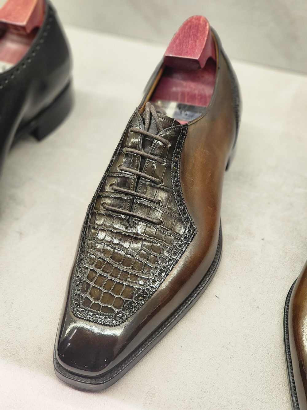 A polished brown leather shoe featuring a black crocodile leather toe cap and gray laces.