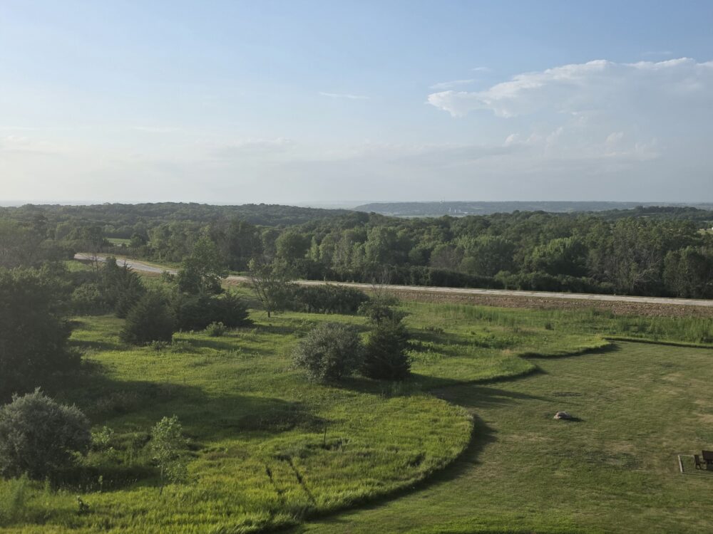 A green landscape with trees and a winding road under a clear blue sky.