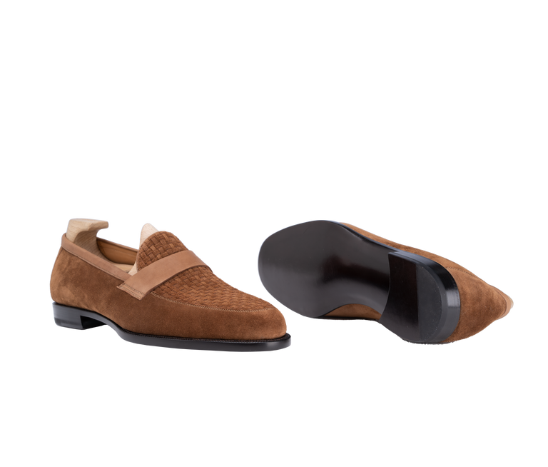 Brown suede Amalfi loafers with a woven texture and leather strap.