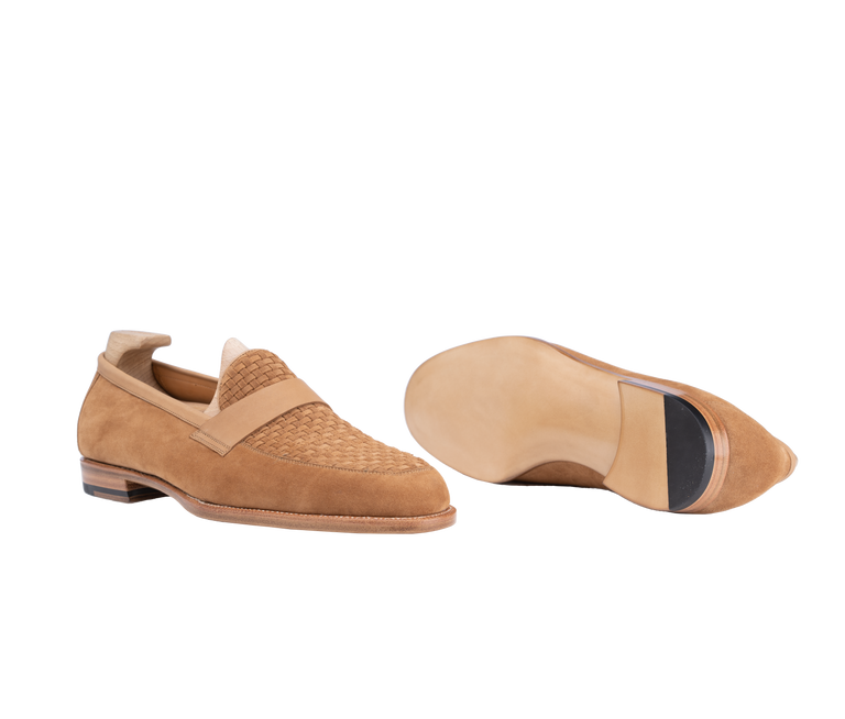 Tan suede Amalfi loafers with a woven design and a smooth leather band.