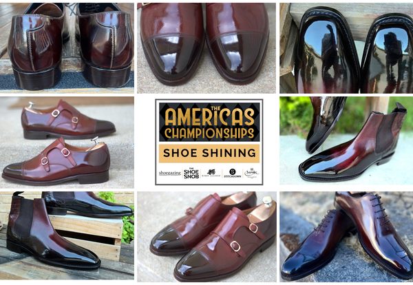 A collage of polished burgundy shoes, featuring various styles including loafers and boots, for the Americas Shoe Shining Championships 2026.
