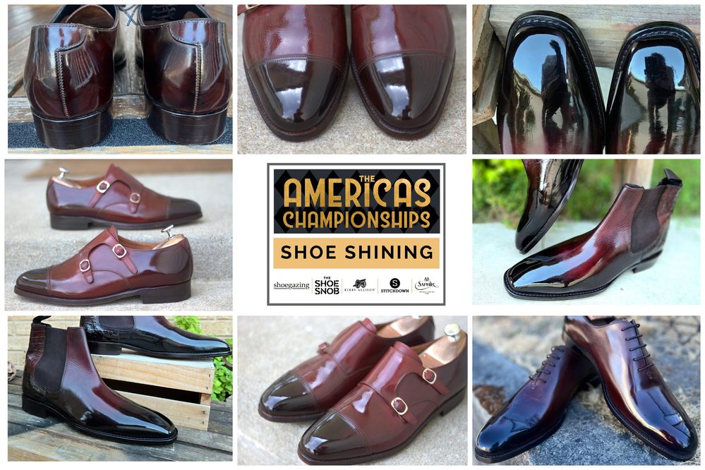 A collage of polished burgundy shoes, featuring various styles including loafers and boots, for the Americas Shoe Shining Championships 2026.