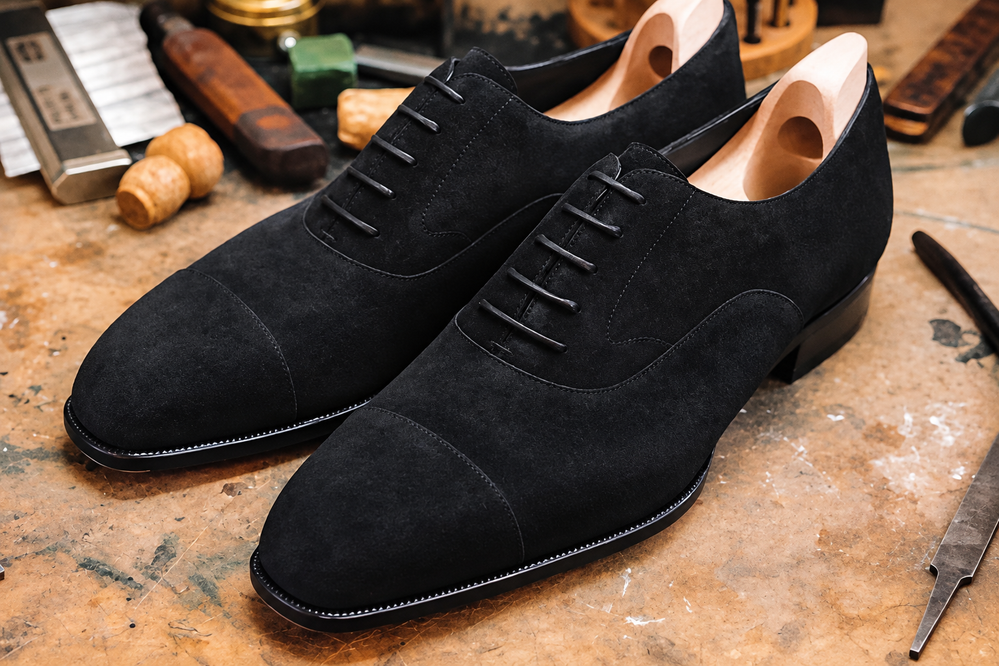 A pair of black suede shoes with a sleek design and lace-up closure.