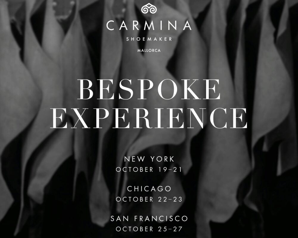 Text graphic promoting the Carmina Bespoke Trunk Show with event dates for New York, Chicago, and San Francisco.