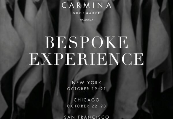 Text graphic promoting the Carmina Bespoke Trunk Show with event dates for New York, Chicago, and San Francisco.