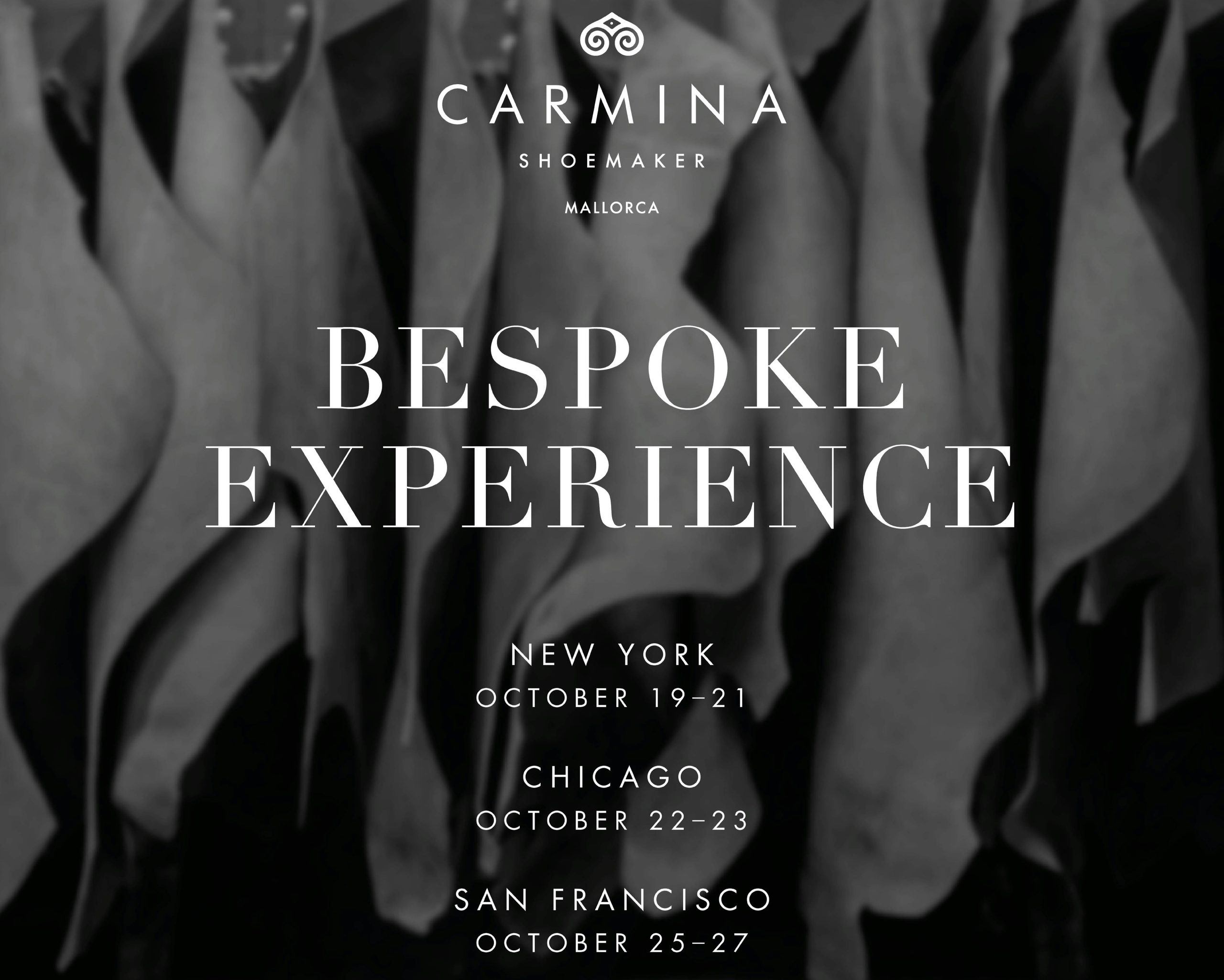 Black and white image featuring a collection of leather swatches with the text "Carmina Bespoke Trunk Show" and event details for New York, Chicago, and San Francisco.