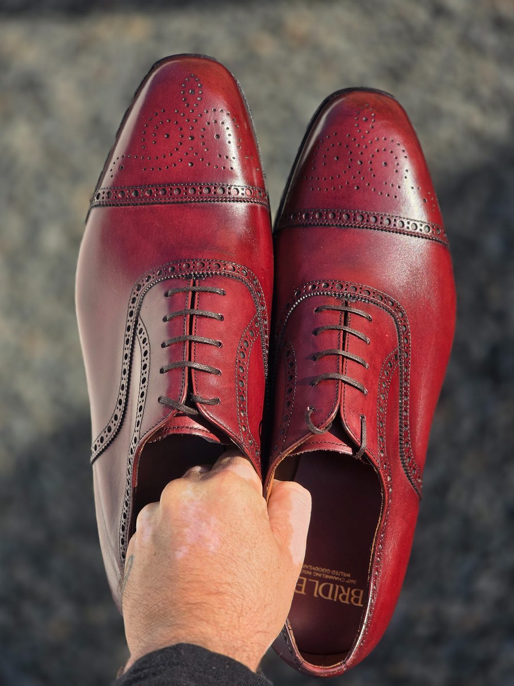 A person holds a pair of polished burgundy shoes with decorative brogue detailing.