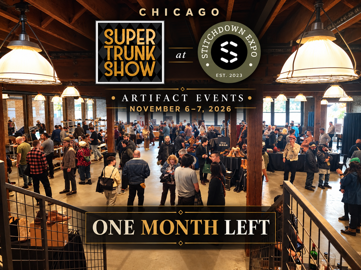 A crowded indoor event space featuring attendees engaging with vendors, promoting the Chicago Super Trunk Show x Stitchdown Expo 2026.