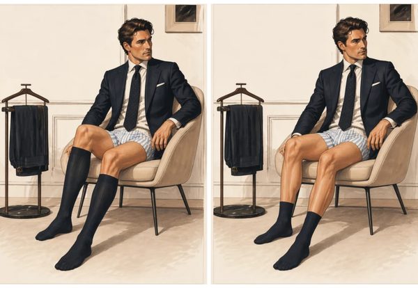 A man in a suit sits in a chair, wearing over-the-calf socks on one leg and mid-calf socks on the other, illustrating the over the calf vs mid calf socks comparison.