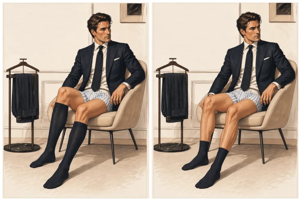 A man in a suit sits in a chair, wearing over-the-calf socks on one leg and mid-calf socks on the other, illustrating the over the calf vs mid calf socks comparison.