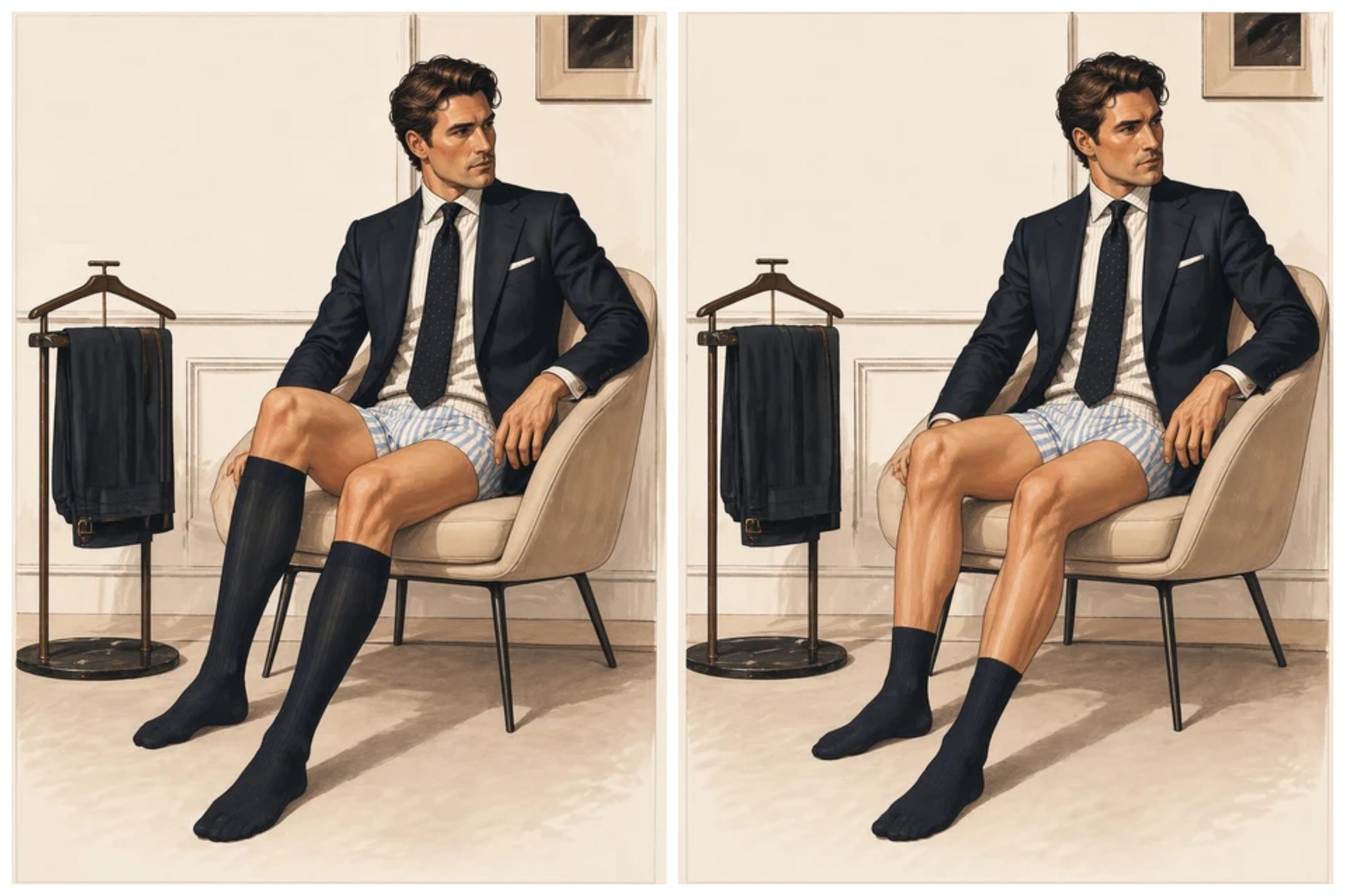 A man in a suit sits in a chair, wearing over-the-calf socks on one leg and mid-calf socks on the other, illustrating the over the calf vs mid calf socks comparison.