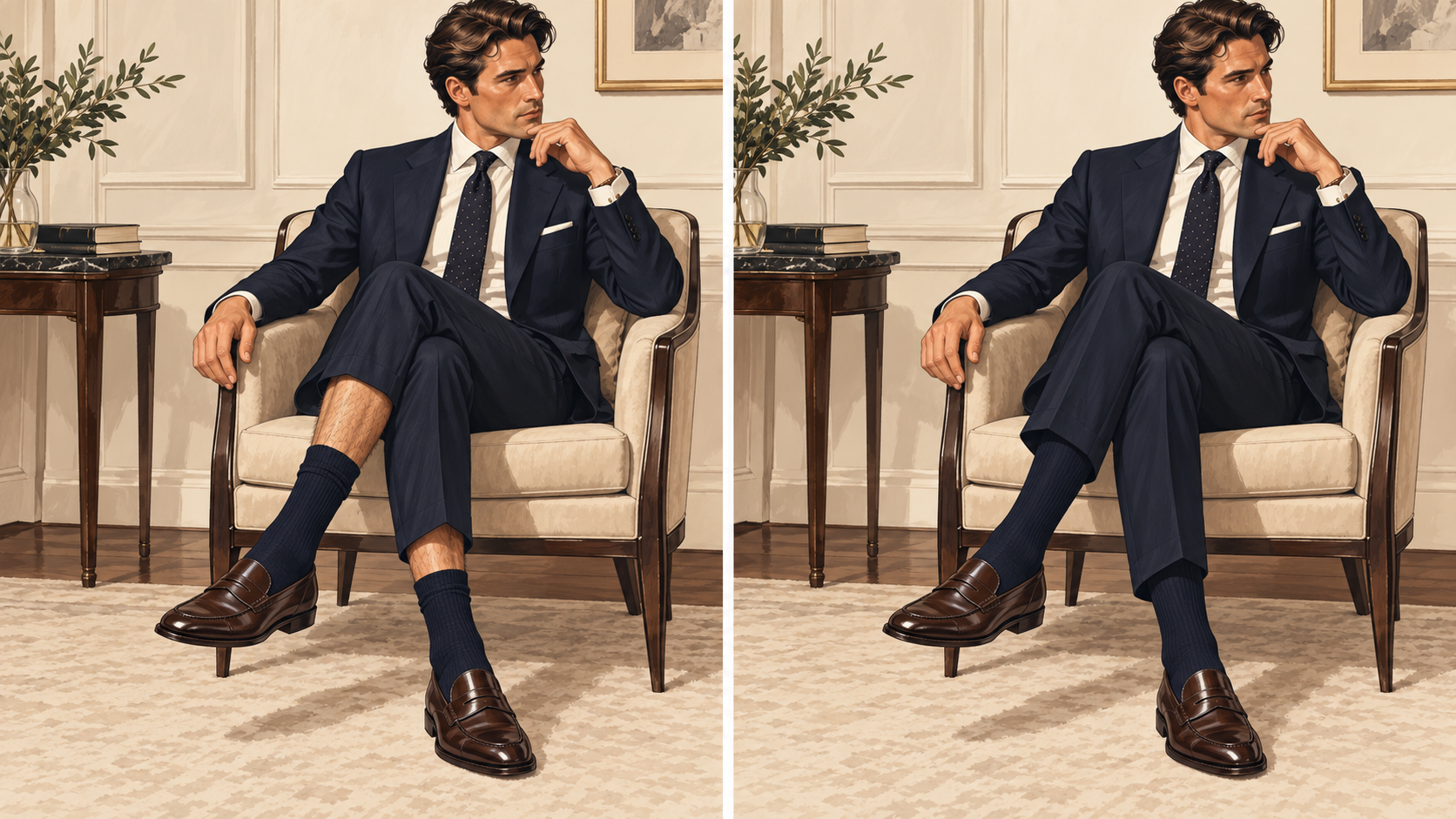 A man in a navy suit and dark loafers sits in an armchair, showcasing over-the-calf socks on one leg and mid-calf socks on the other.