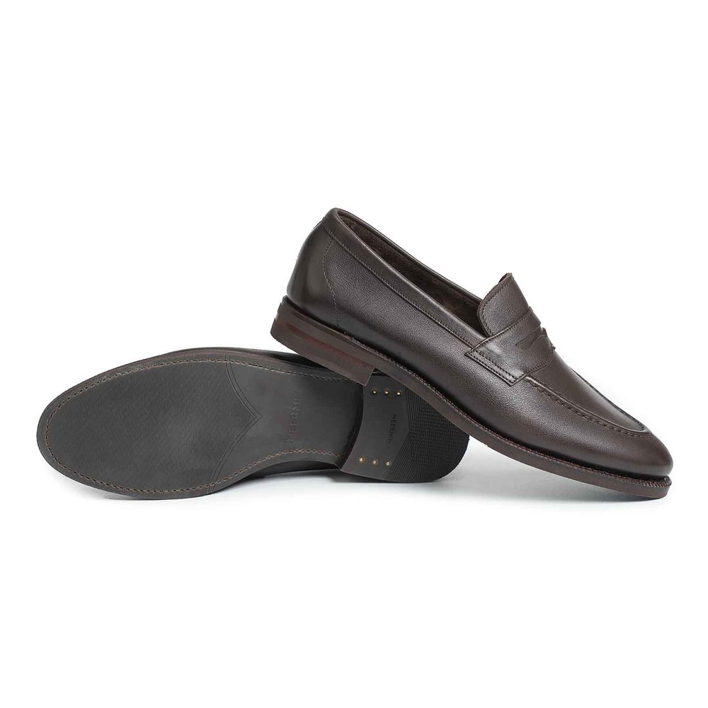 Brown leather loafers with a slip-on design and a low heel.