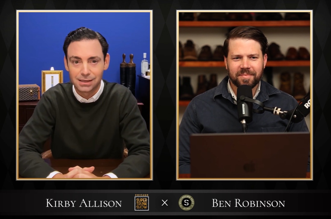 Two men, Kirby Allison wearing a dark sweater and Ben Robinson in a blue shirt, appear in a split-screen video call format.