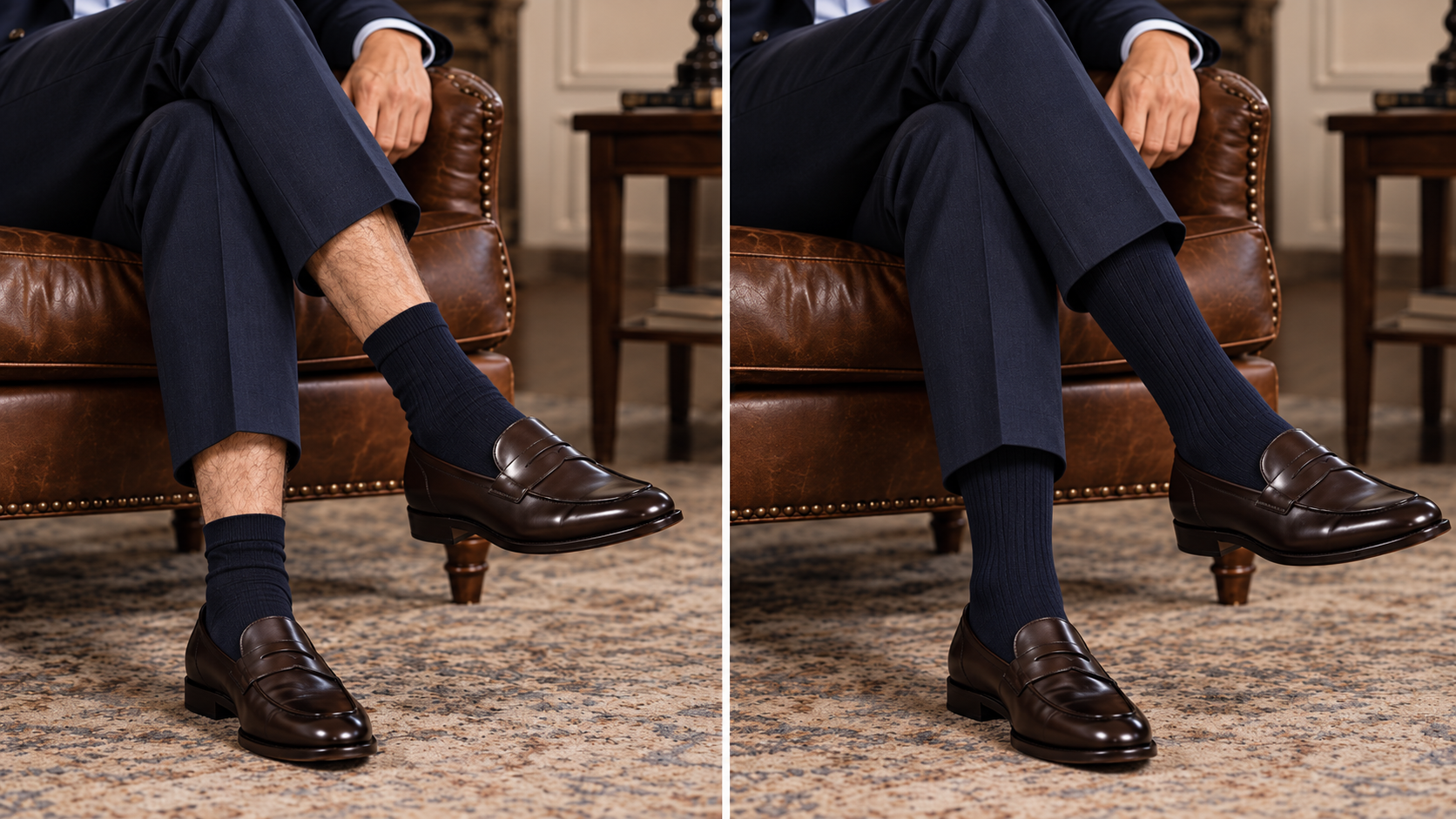 A comparison of over-the-calf and mid-calf socks, featuring a man wearing dark navy socks with brown loafers on both legs.
