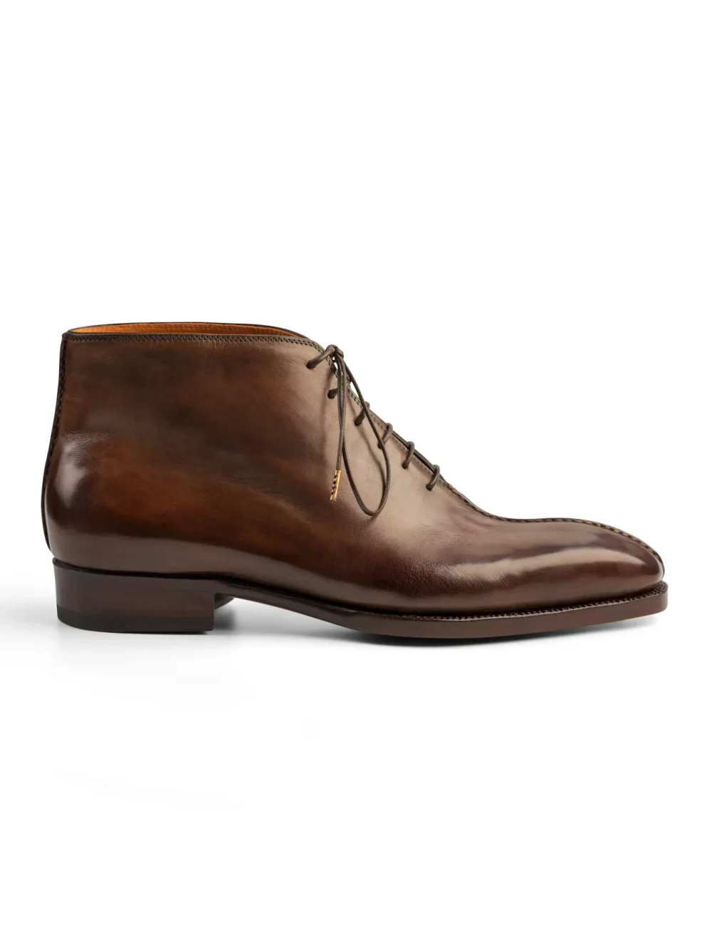 Brown leather ankle boots with a sleek design and lace-up closure.