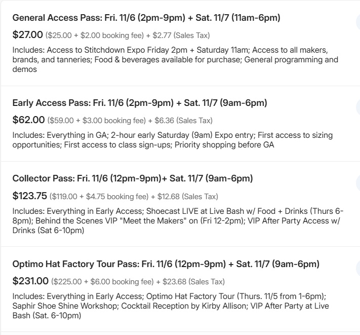 Text listing different ticket options for the Chicago Super Trunk Show x Stitchdown Expo 2026, including prices and included features.