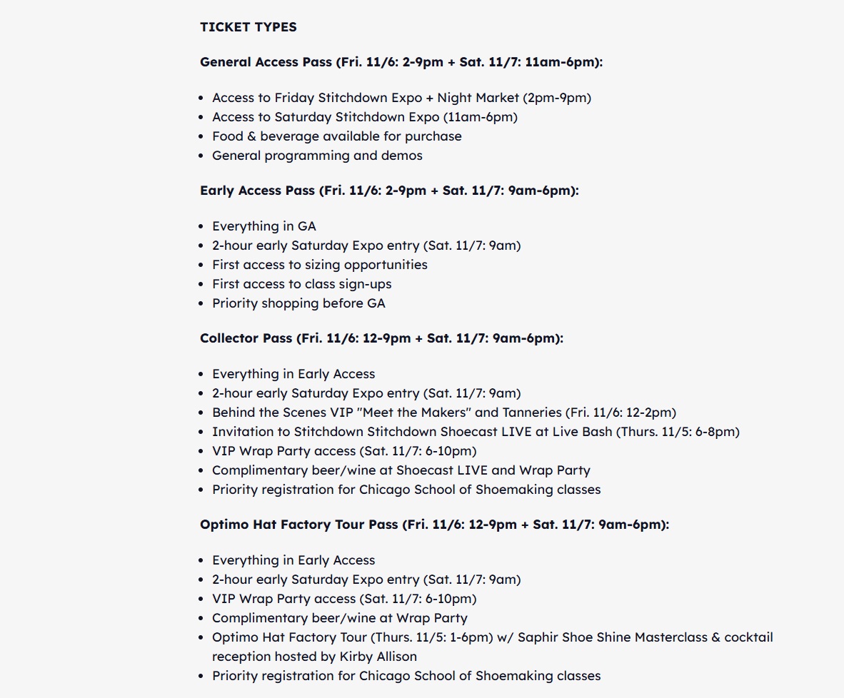 Text listing various ticket types and benefits for the Chicago Super Trunk Show x Stitchdown Expo 2026.